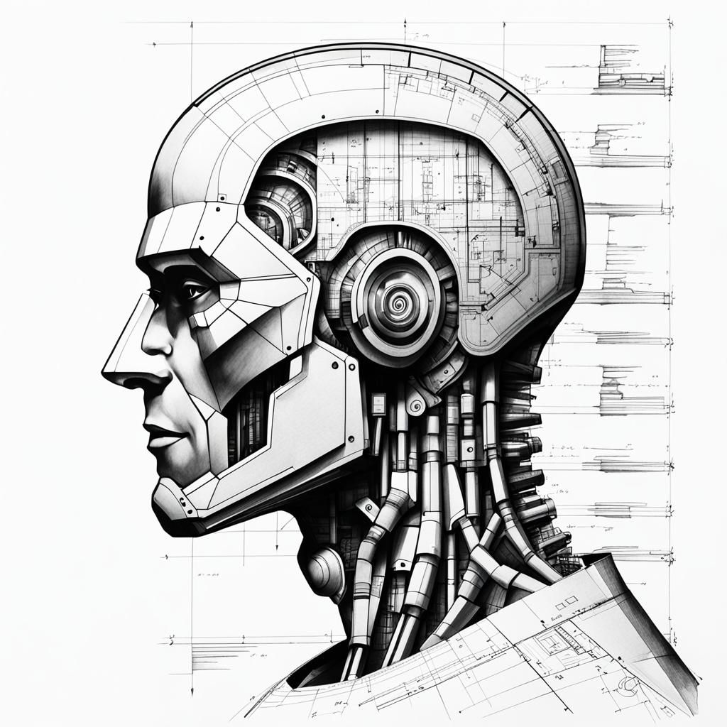 Cyborg Side Profile in Engineering Drawings