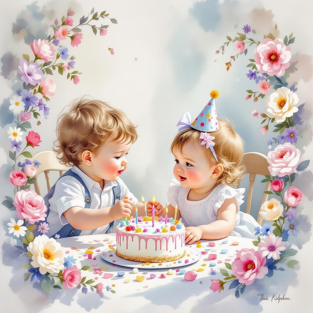 Ethereal Birthday Party with Flowers in Soft Watercolor