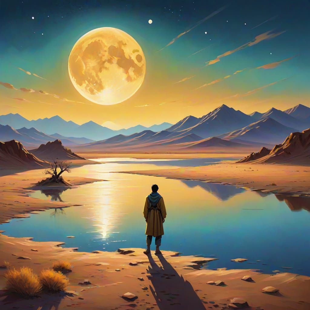 Moonlit Mongolian Desert Lake: Vibrant Digital Painting