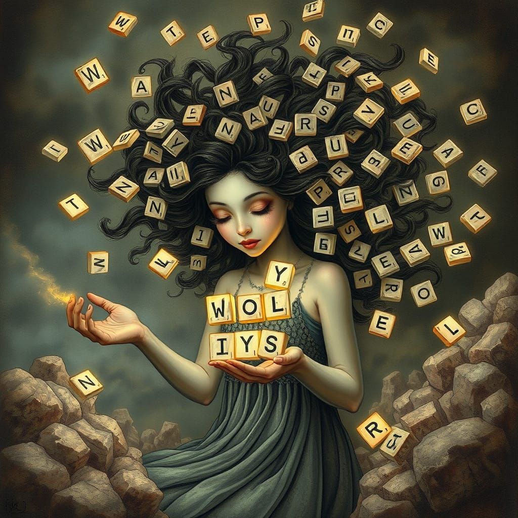 Whimsical Woman Dances with Ethereal Words in Surreal Landsc...
