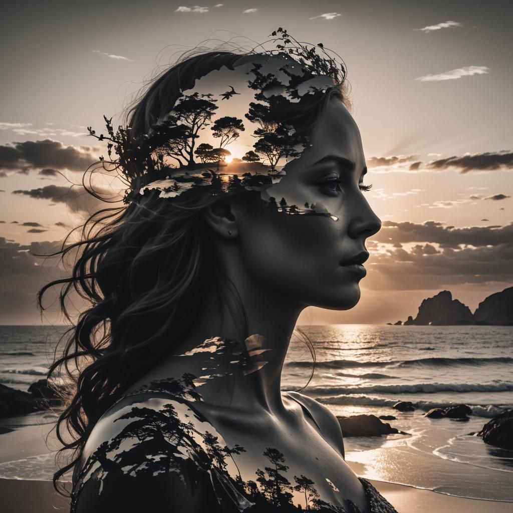 Goddess Silhouette with Sunset Coast Double Exposure