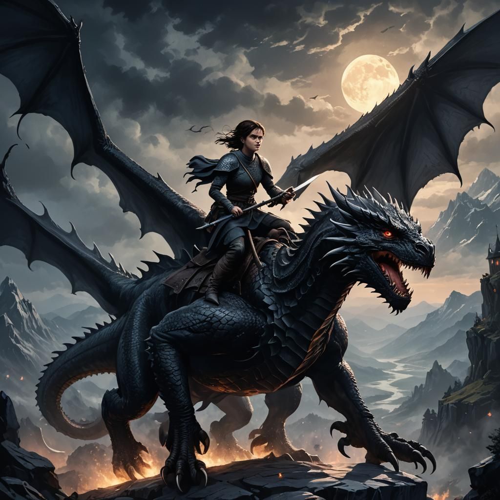 Arya Stark Rides Dragon in Dark Fantasy Art