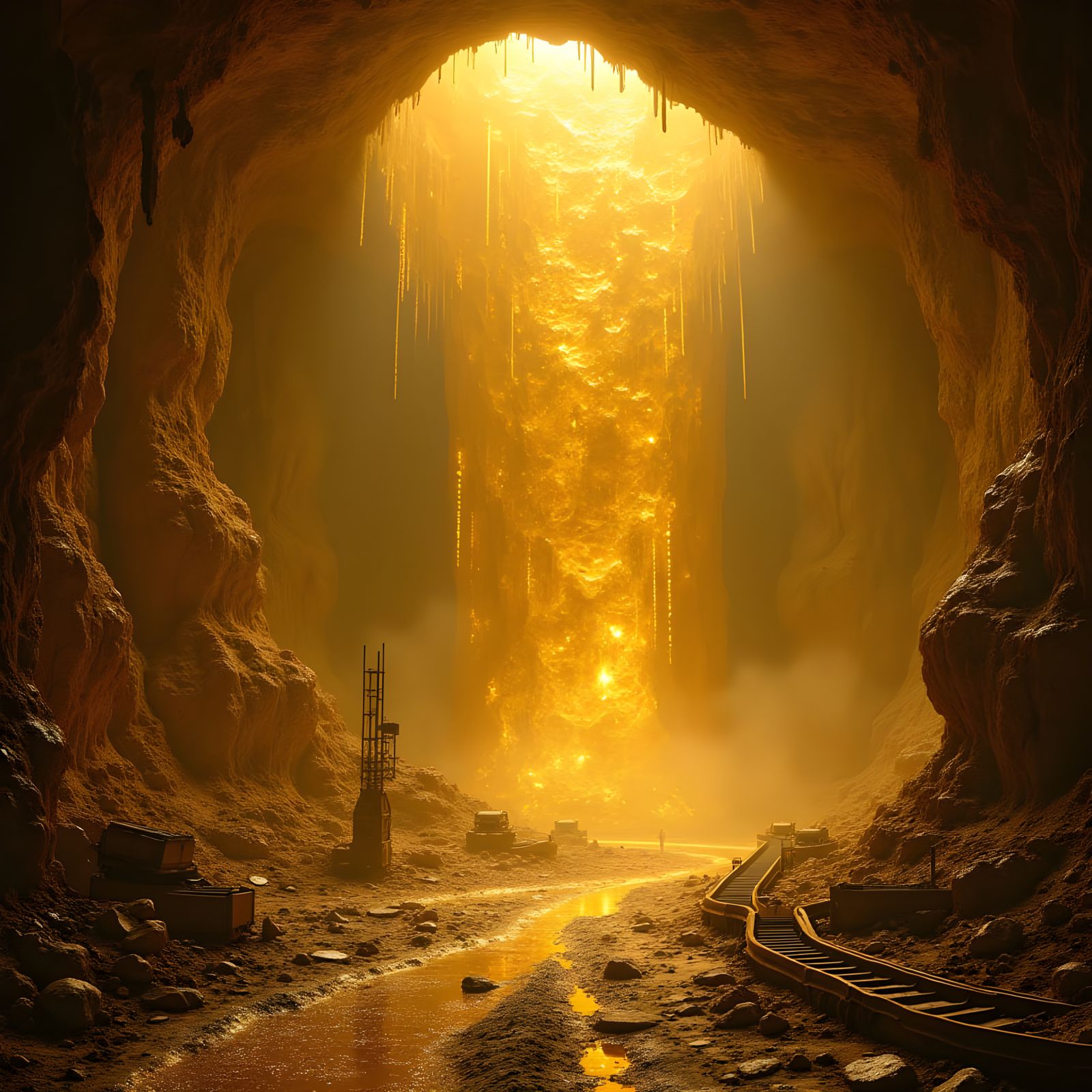 Surreal Golden Mine Radiates Warm Glow and Majestic Crystal...