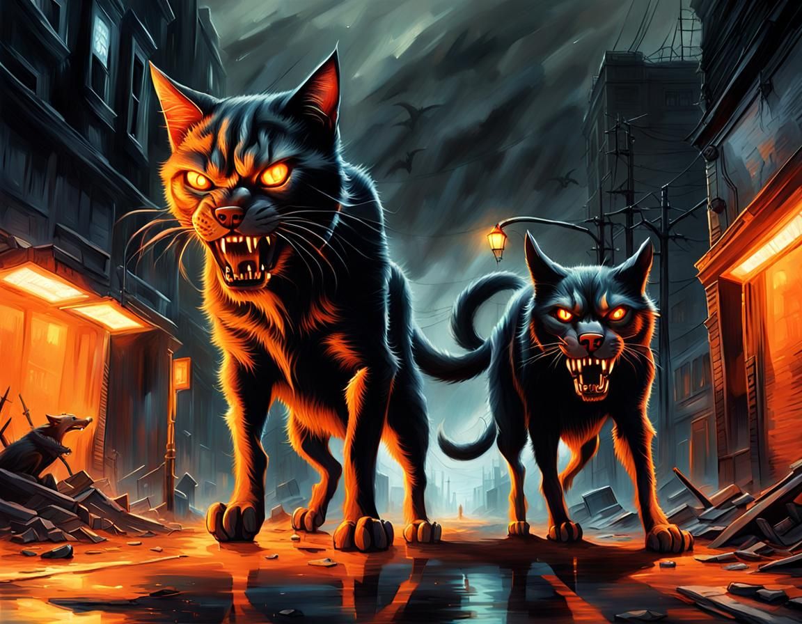 Demonic Cat vs Hellhound in Post-Apocalyptic Battle