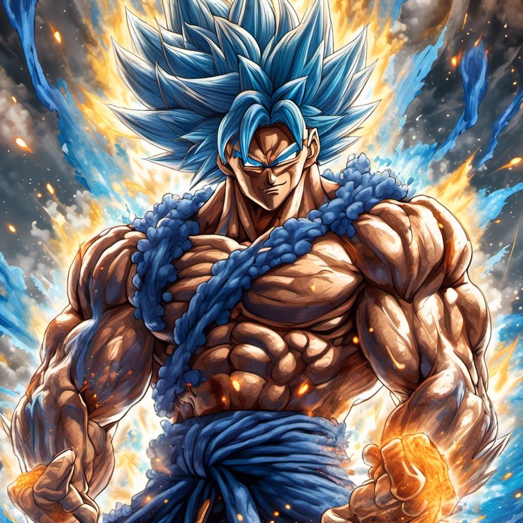Goku Flexing Muscles in Hyperrealistic Style