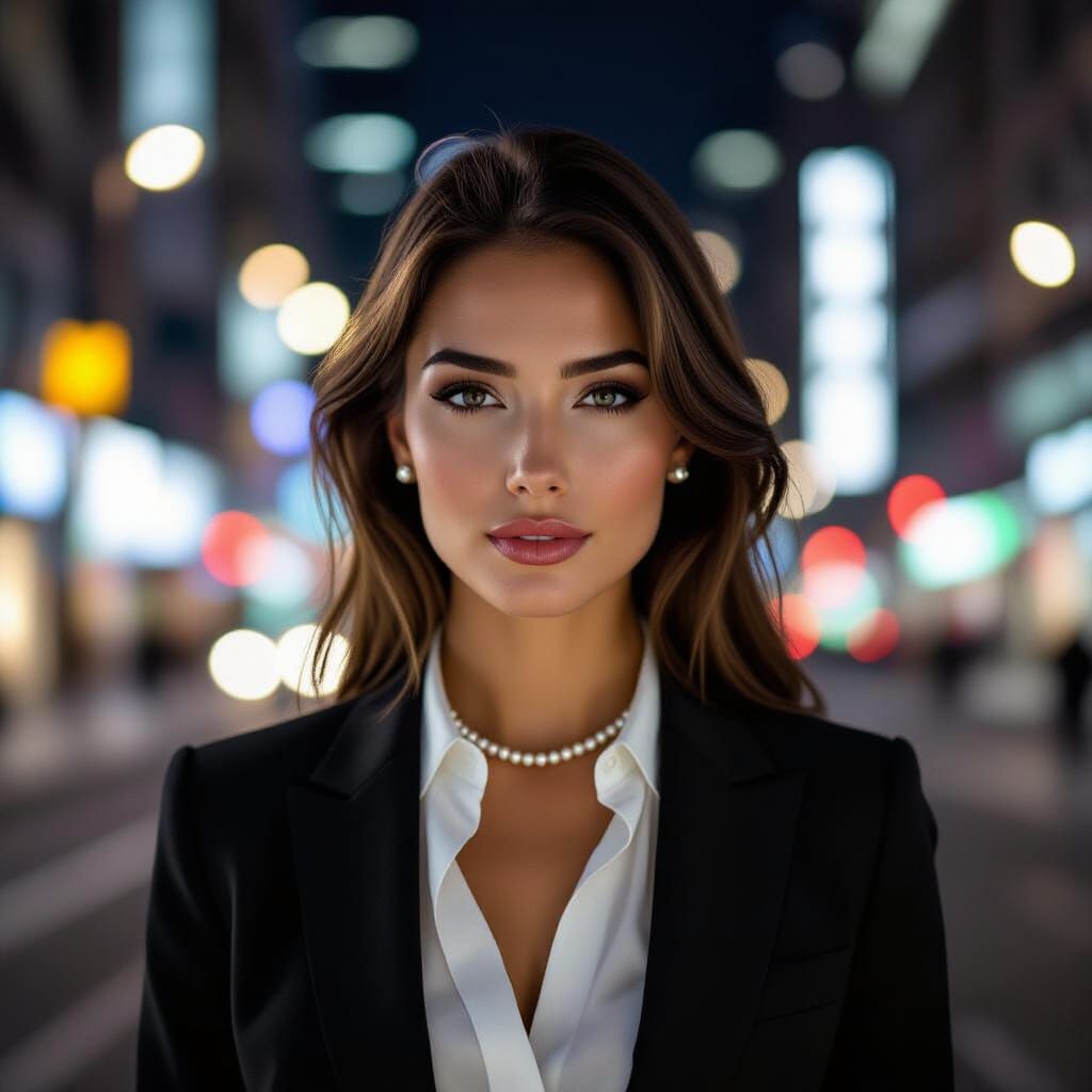 Businesswoman in City Street at Night