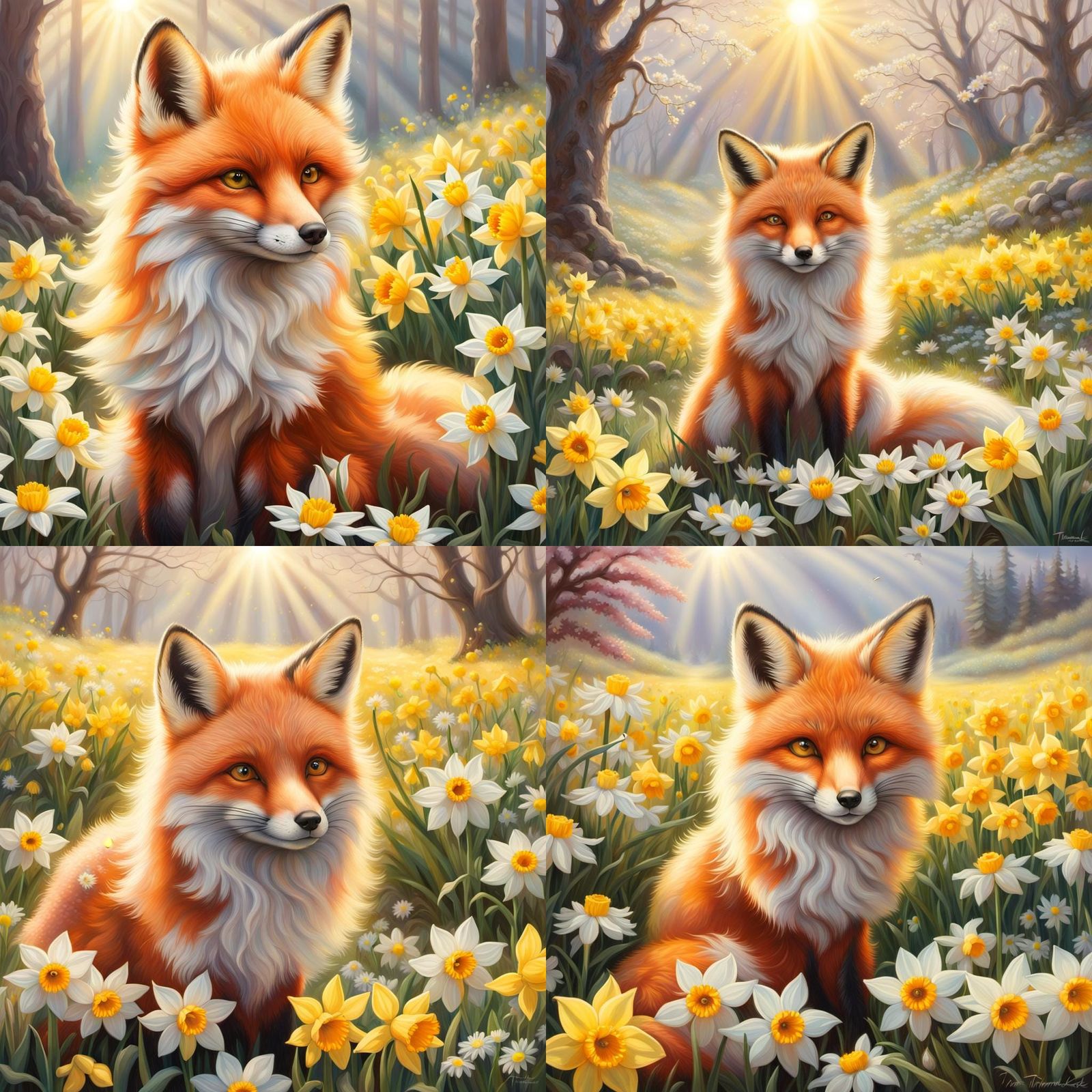 Fluffy Fox in a Field of Daisies and Daffodils