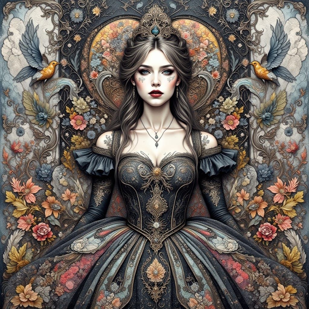 Gothic Woman in Meadow as Watercolor Painting