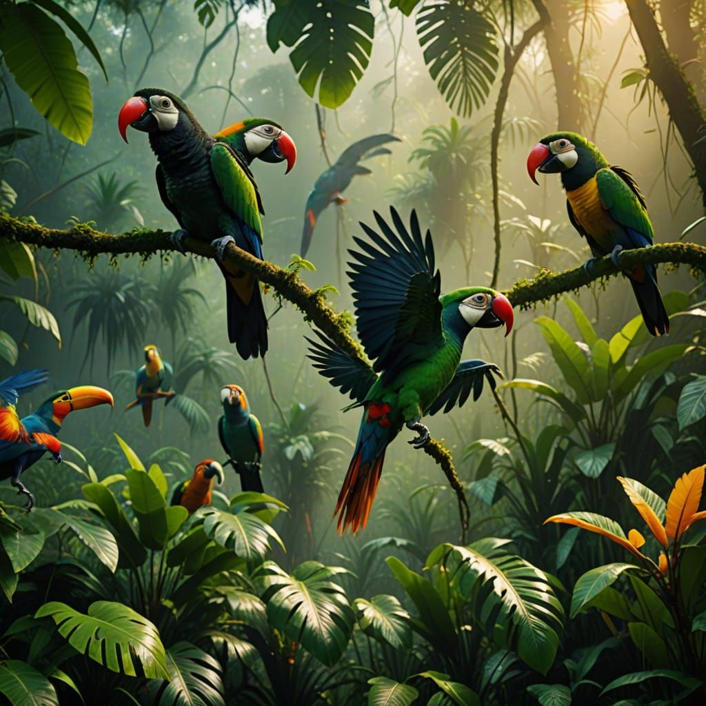 Tropical Birds in Misty Rainforest, Photorealistic Film Stil...