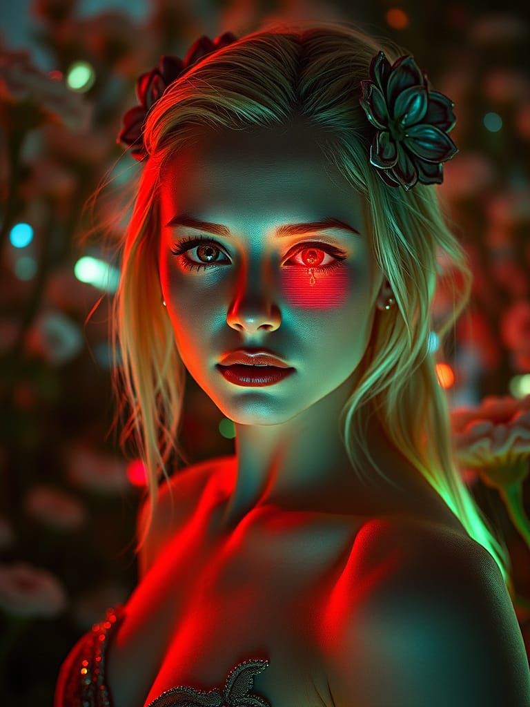 Cyborg Nymph in a Liminal Jungle, Pixelated Tears and Glitch...