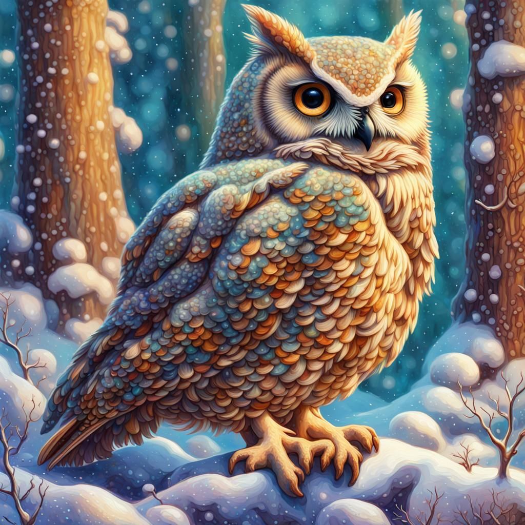 Whimsical Snowy Woodland Scene in a Golden Glow Palette