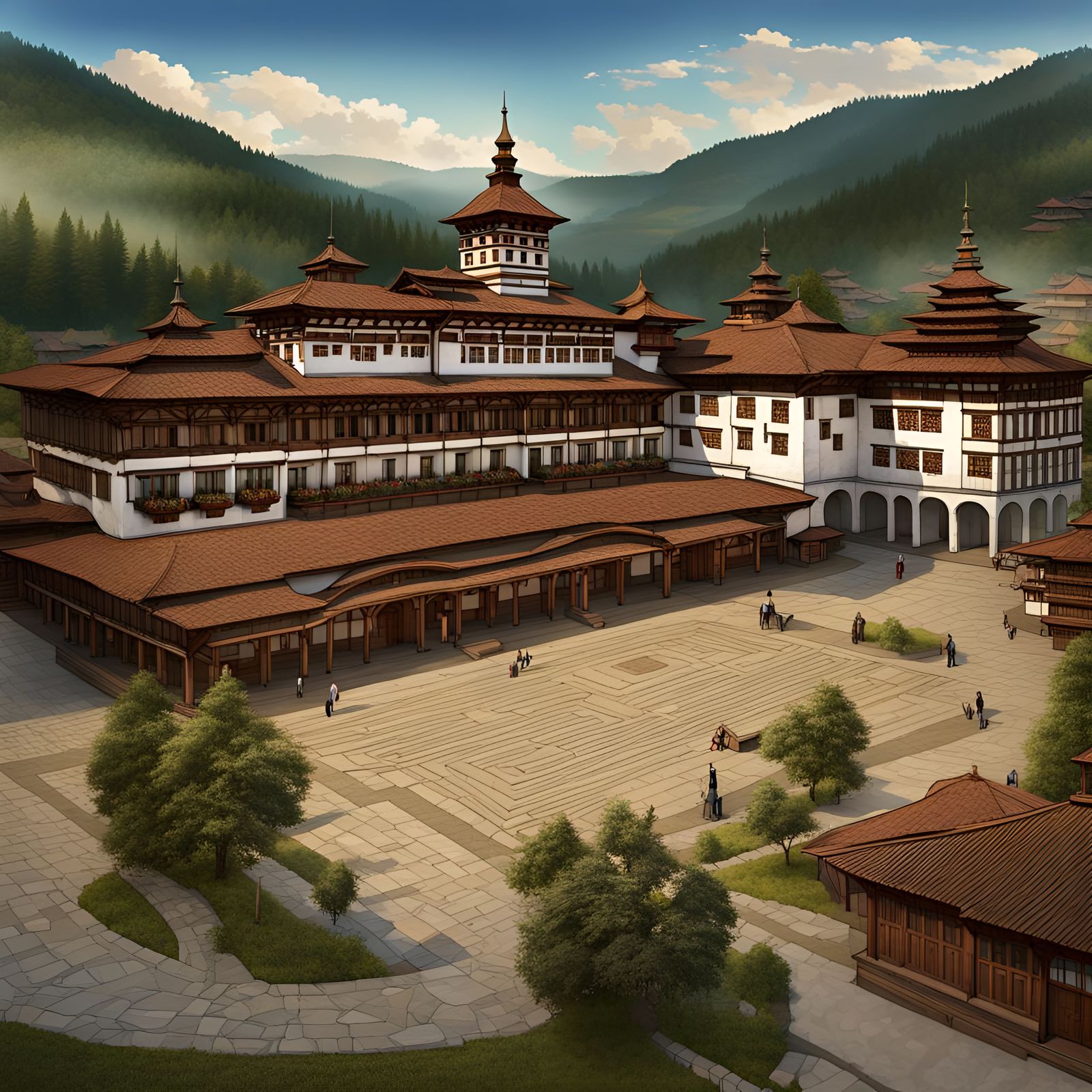 Romanian Square in Bhutanese Dzong Style Digital Art