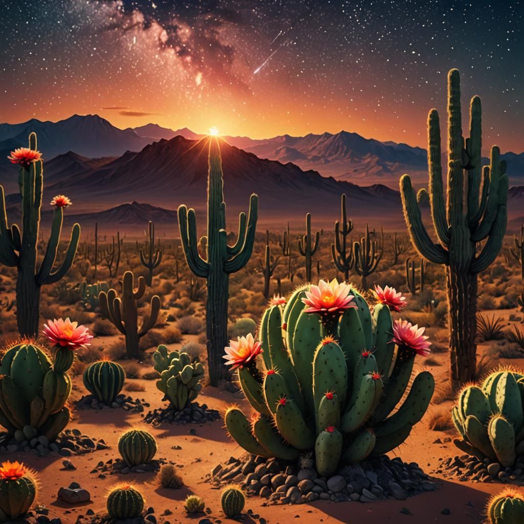 Majestic Blooming Cactus in Surreal Desert Landscape