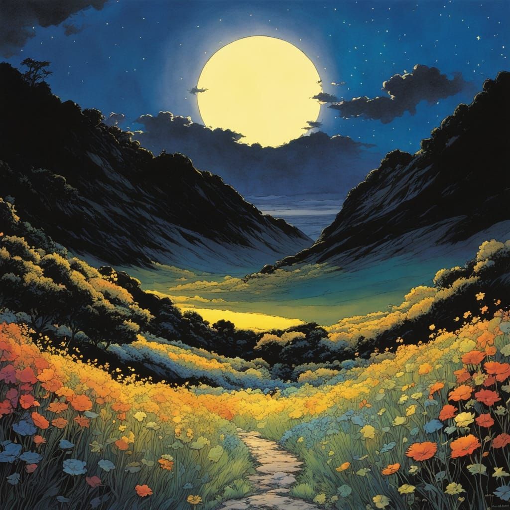 Chiaroscuro Sky in Anime Style, Moon and Sun