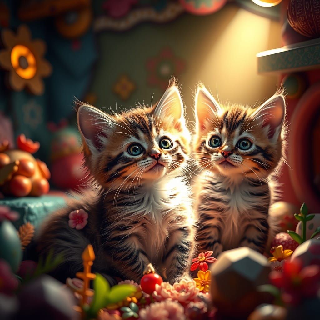Whimsical Hyperrealistic Kittens in Vibrant Digital Art
