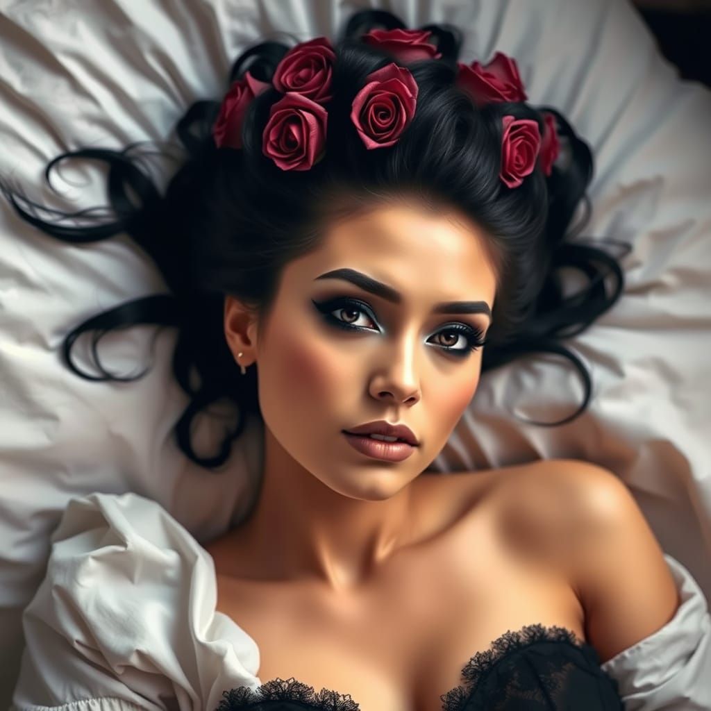 Woman with Roses in Hair on Soft Bed