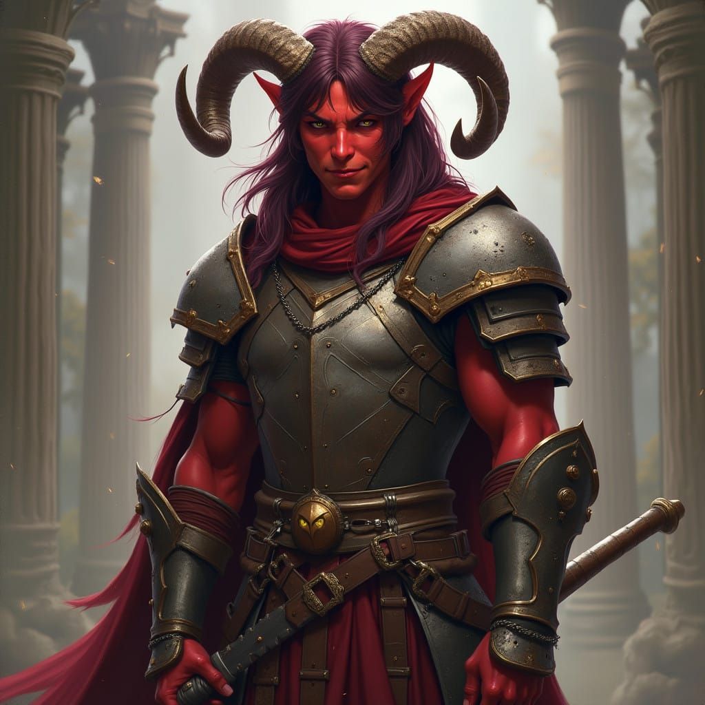 Ethereal Tiefling Warrior in Vivid Red Skin and Dark Burgund...