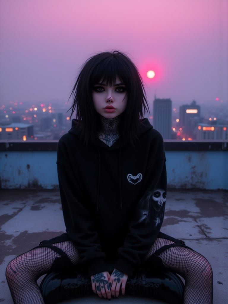 Emo Girl's Twilight Solitude in Cityscape