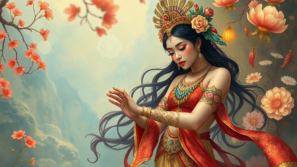 Pretty Temple Dancer in Dreamlike Oriental Setting