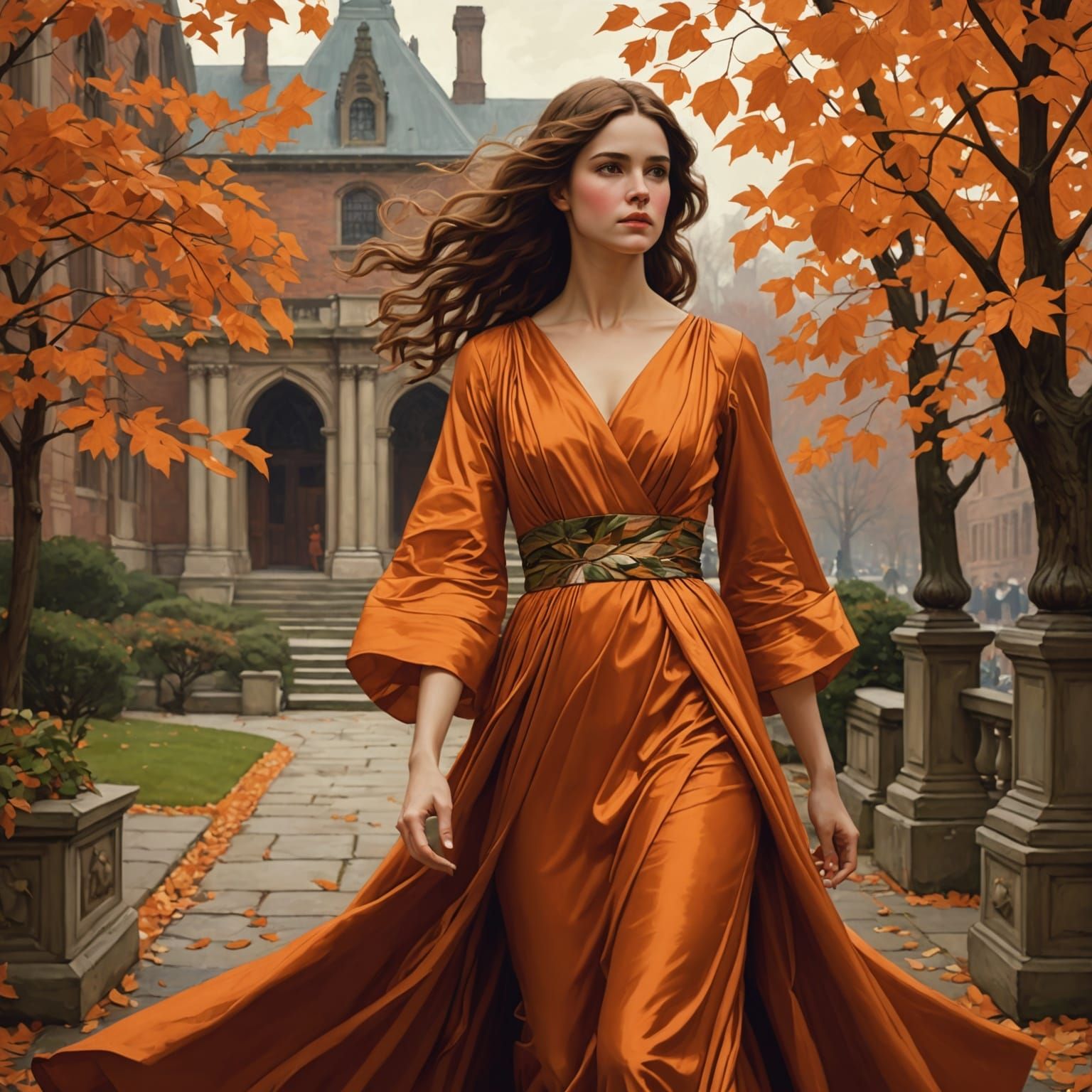 Woman in Orange Gown Amidst Autumn Leaves