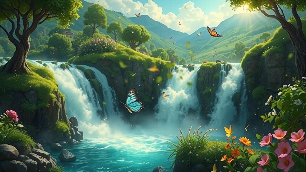 Fairytale Paradise Waterfall with Butterflies in 3D Art