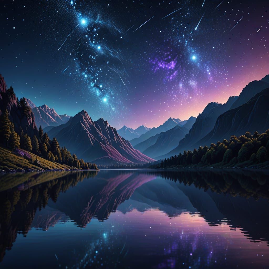 Starry Lake Reflection in Dreamlike Digital Art