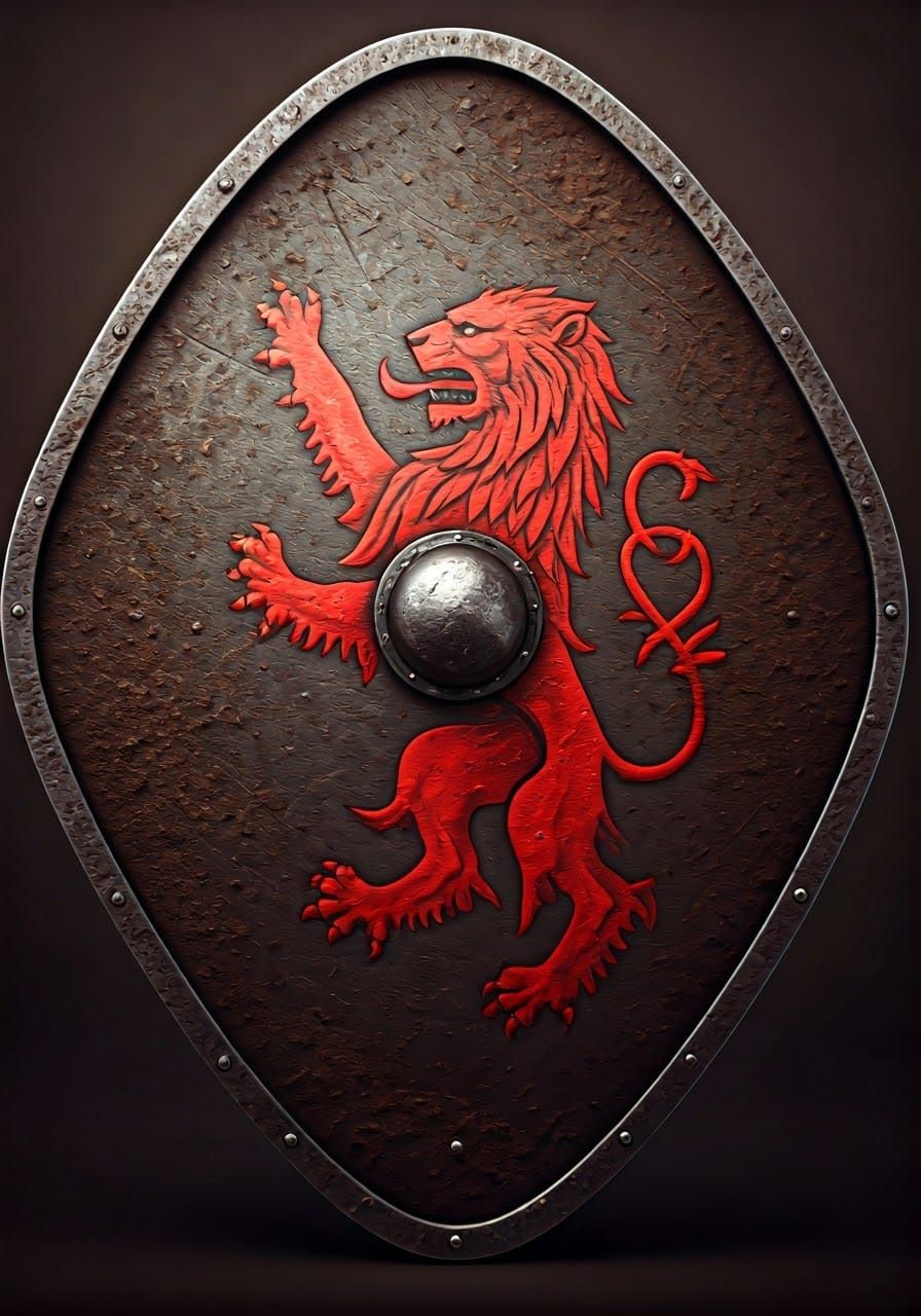 Medieval Shield with Red Lion Rampant in Battle-Scarred Fant...