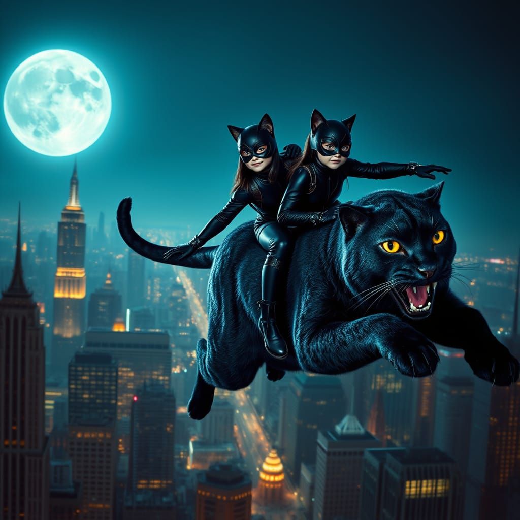 CatWoman and Daughter Soar through the Night Sky in Indigo C...