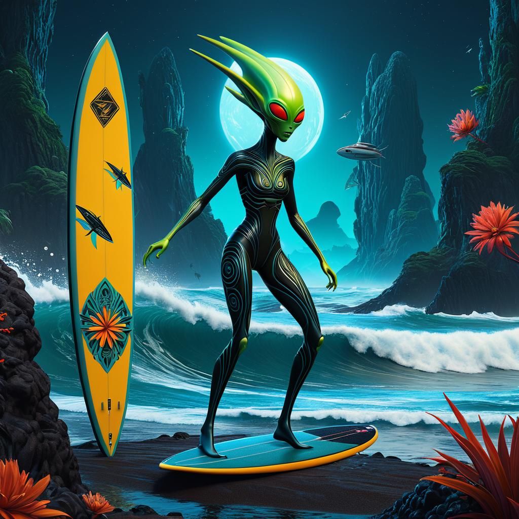 Alien Surfer Girl in Art Brut Fairytale Style