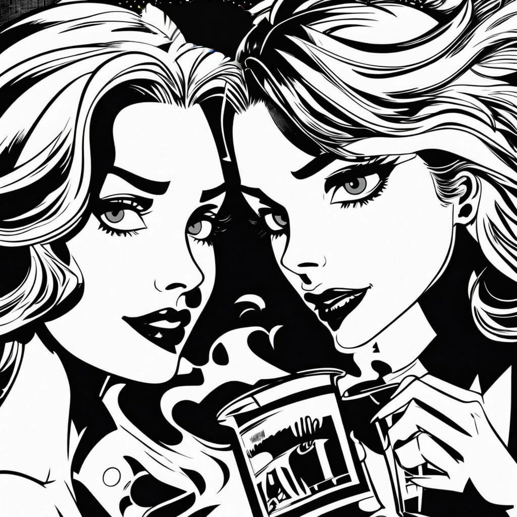 Bold Black and White Comic Illustration of Two Smiling Frien...