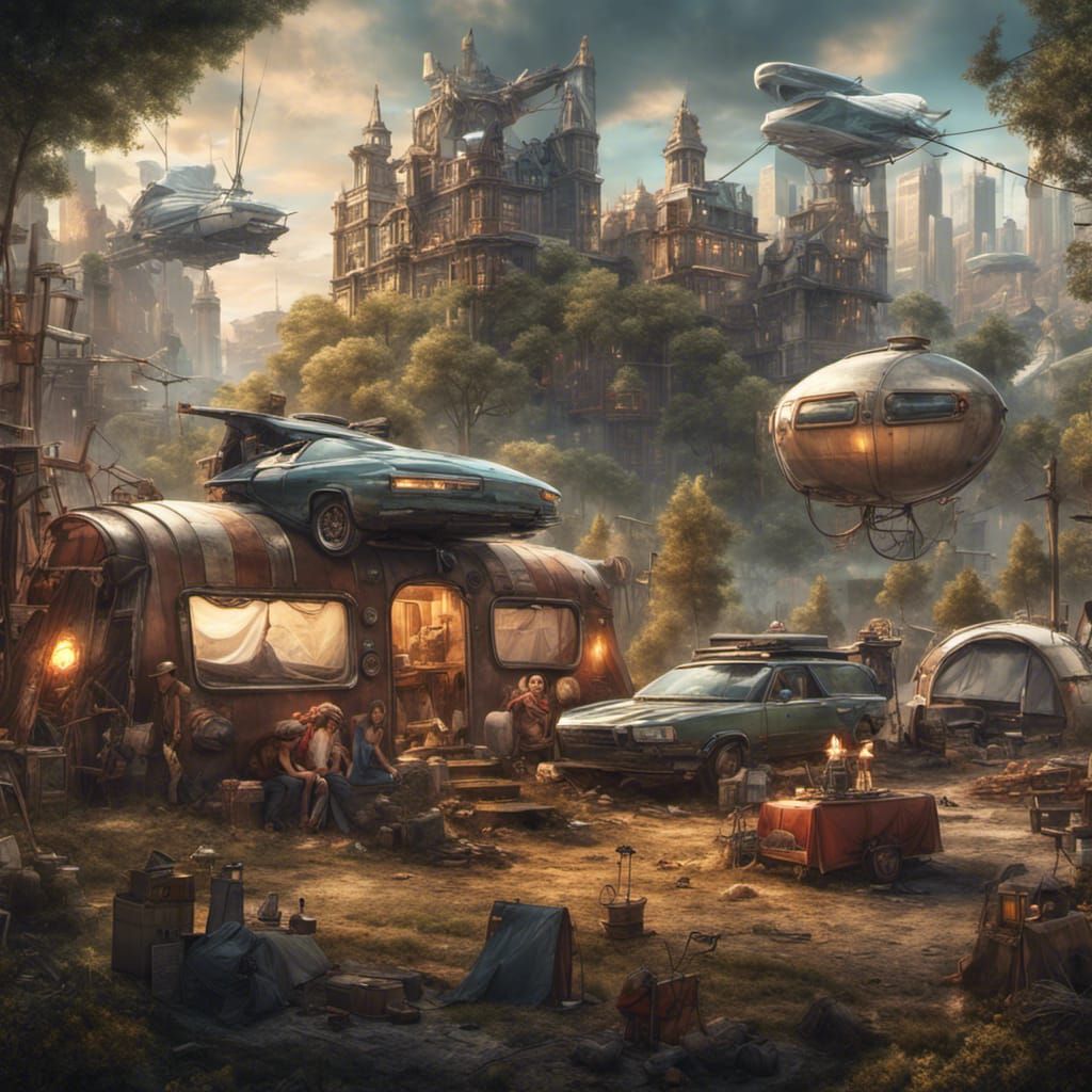 Cyberpunk City Meets Forest Camp in Hyperrealistic Style