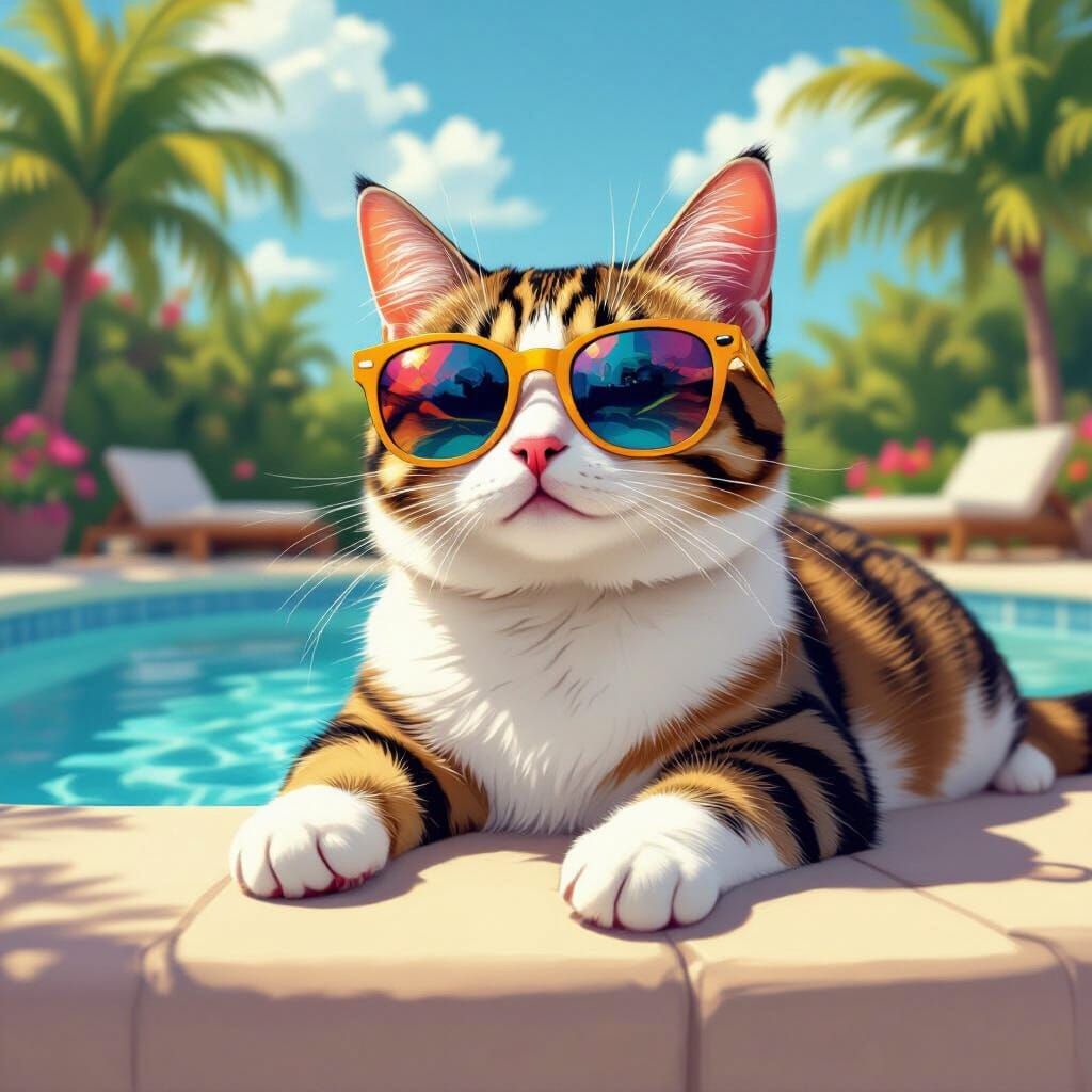 Cat Lounging by Pool in Pop Art Style