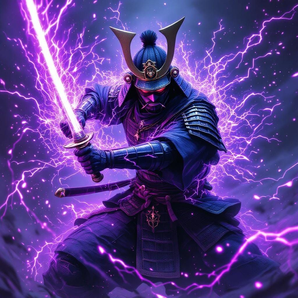 Samurai Master's Electric Slash: Anime-Inspired Digital Art