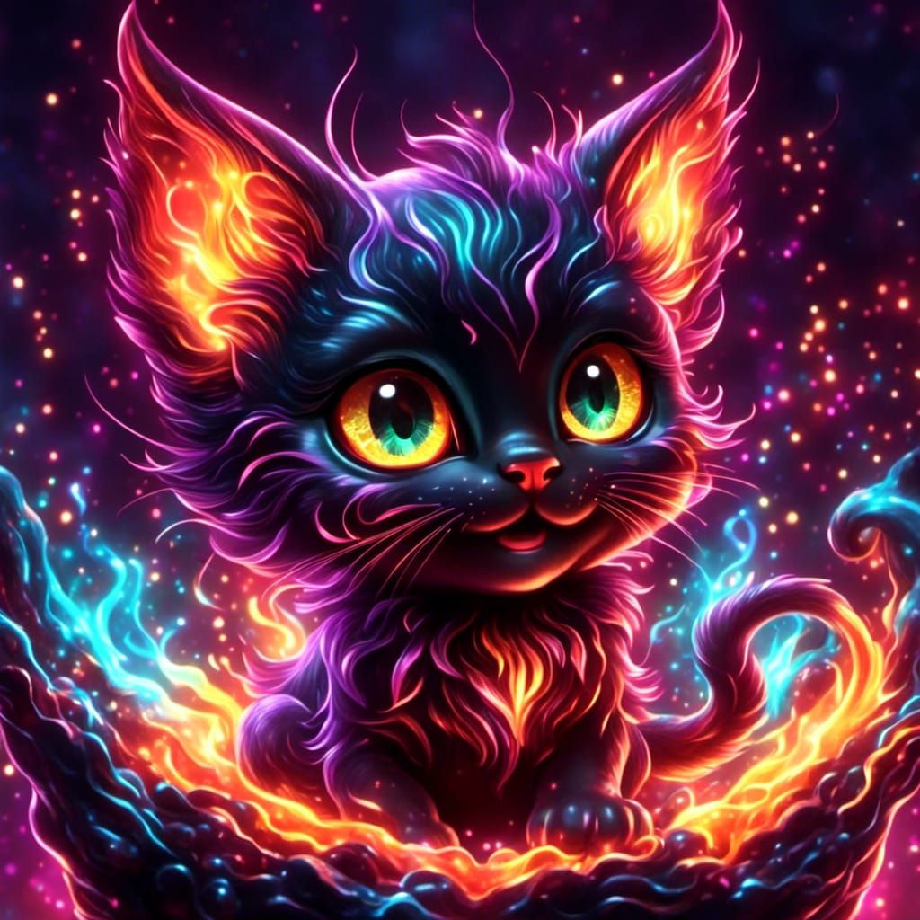 Evil Chibi Demon Kitten Bathes in Fire