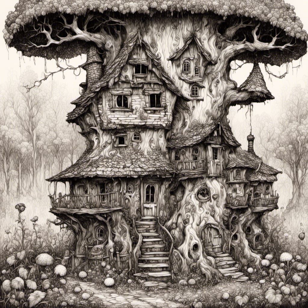 Intricate Gnome House Growing from Tree Root