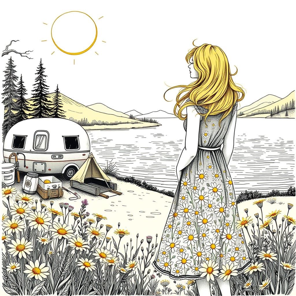 Intricate Ink Drawing: Woman in Campsite with Wildflowers