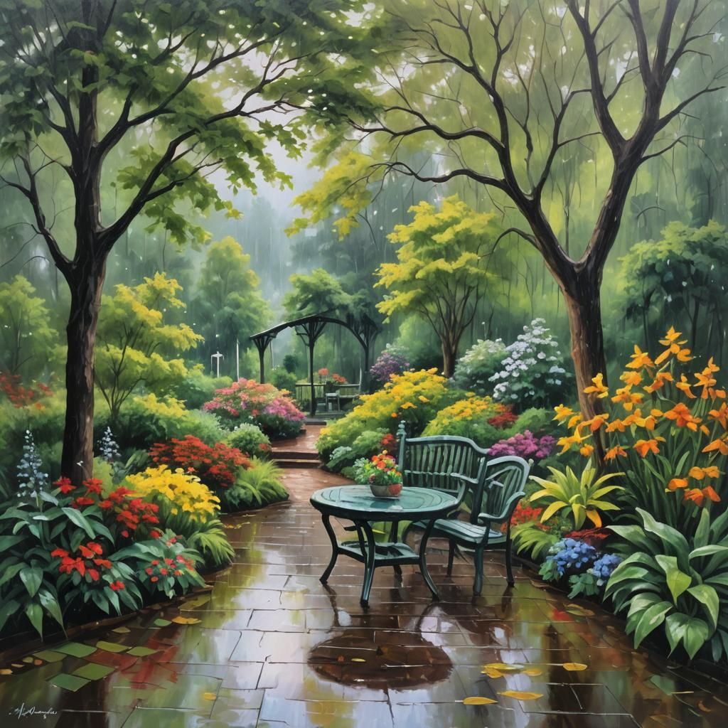Rainy Gazebo View: Oil Painting of a Vibrant Garden