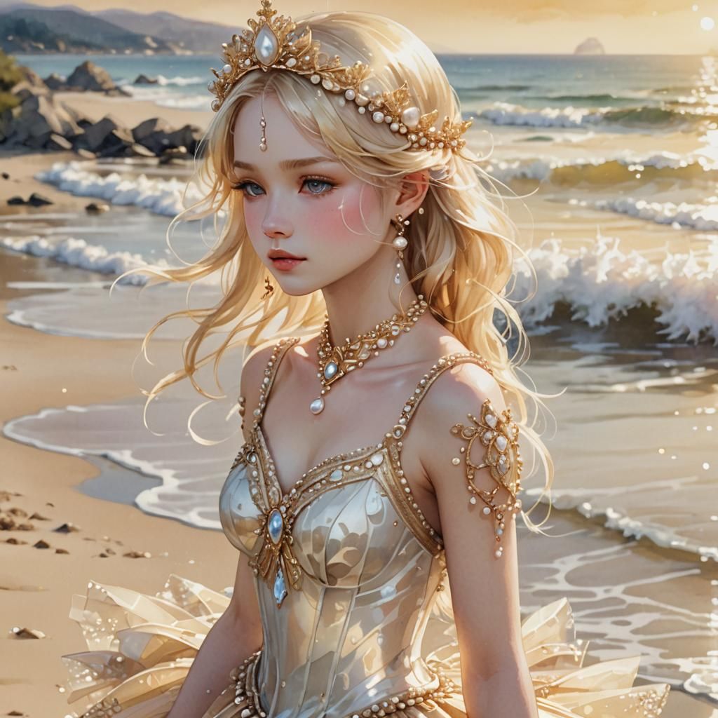 Ethereal Anime Princess with Pearl Headpiece at Beach