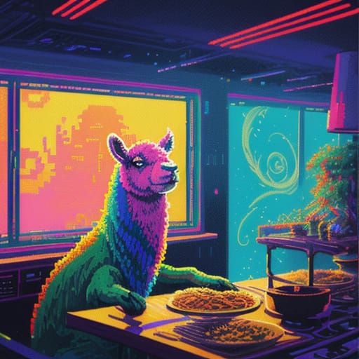 Psychedelic Llama Chef in Moebius Pixel Art Style