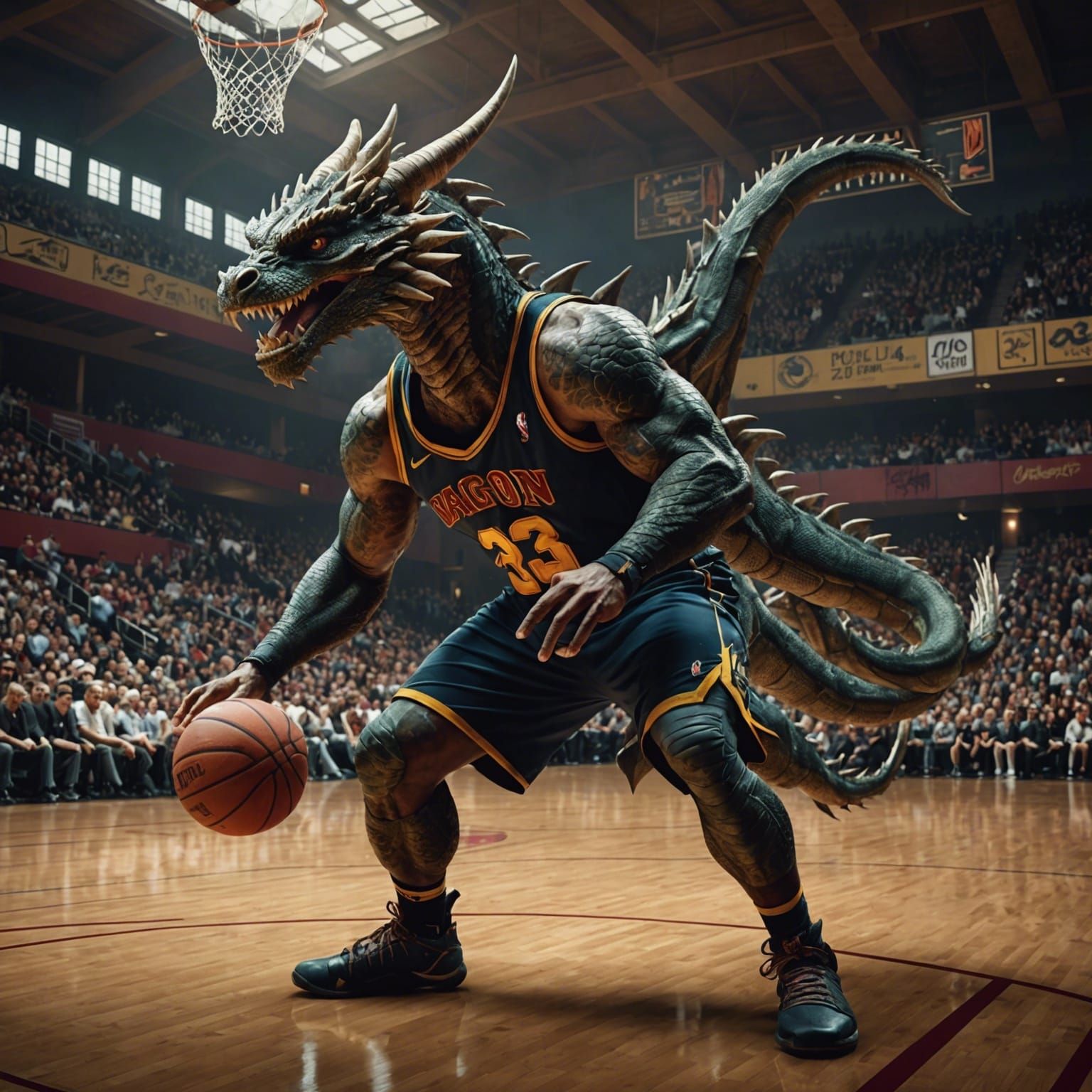 Human and Dragon Basketball Team in Gymnasium