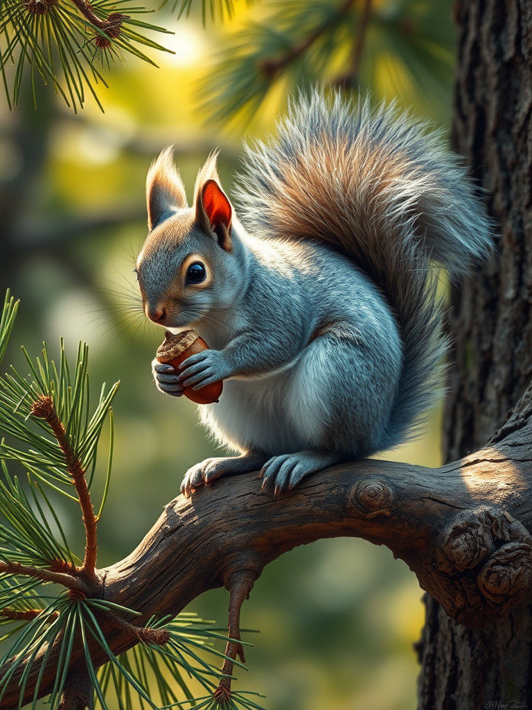 Squirrel with Acorn in Forest Glade