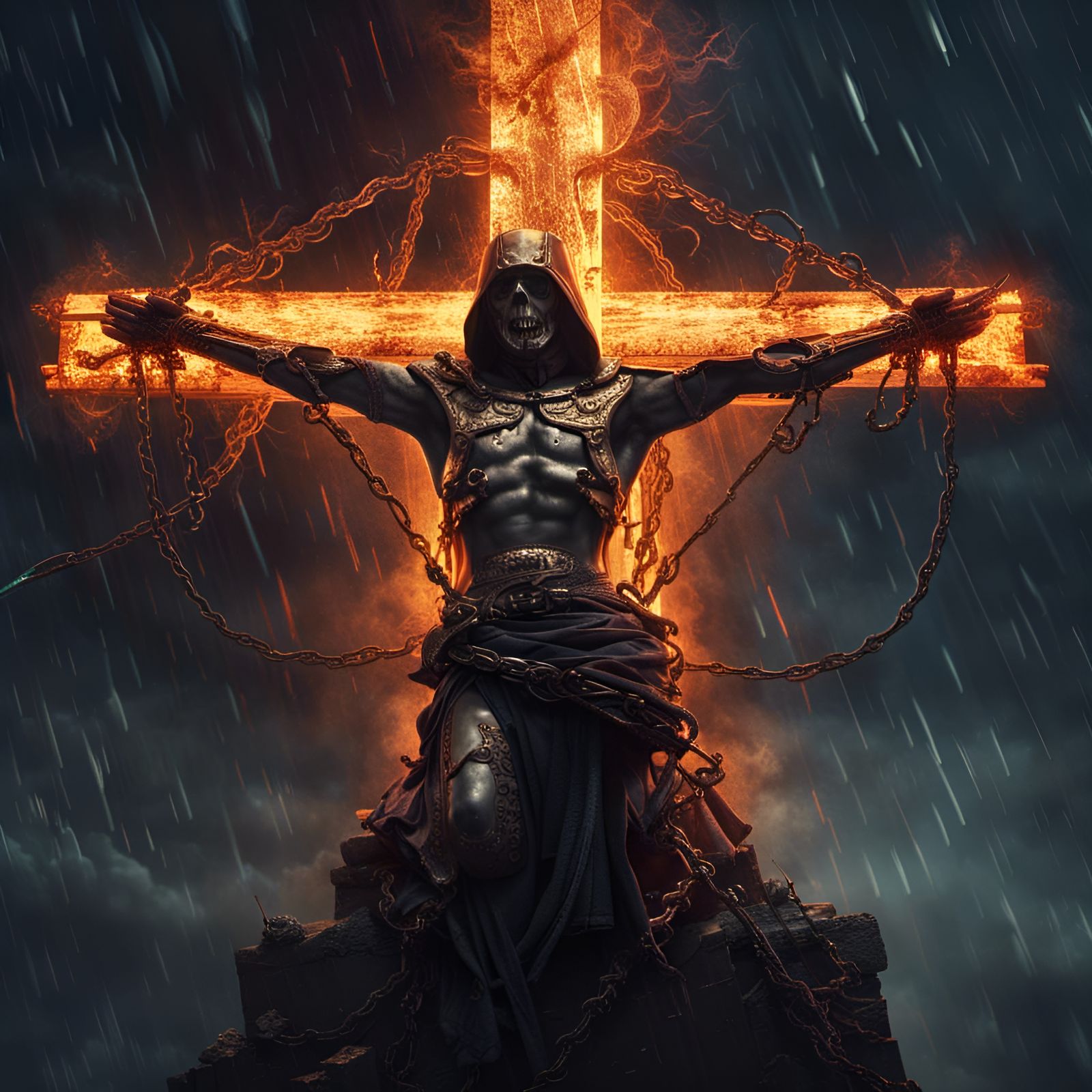 Evil Inquisitor on Burning Cross: Detailed Matte Painting