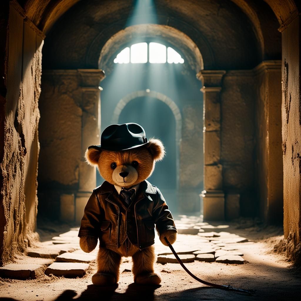 Teddy Bear Adventurer in Crypt: Cinematic Film Still