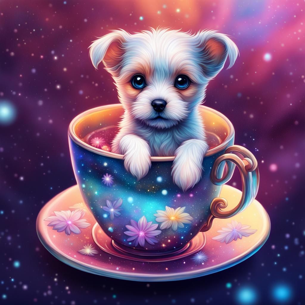 Cute Puppy in Tea Cup: Astral Cosmic Illustration