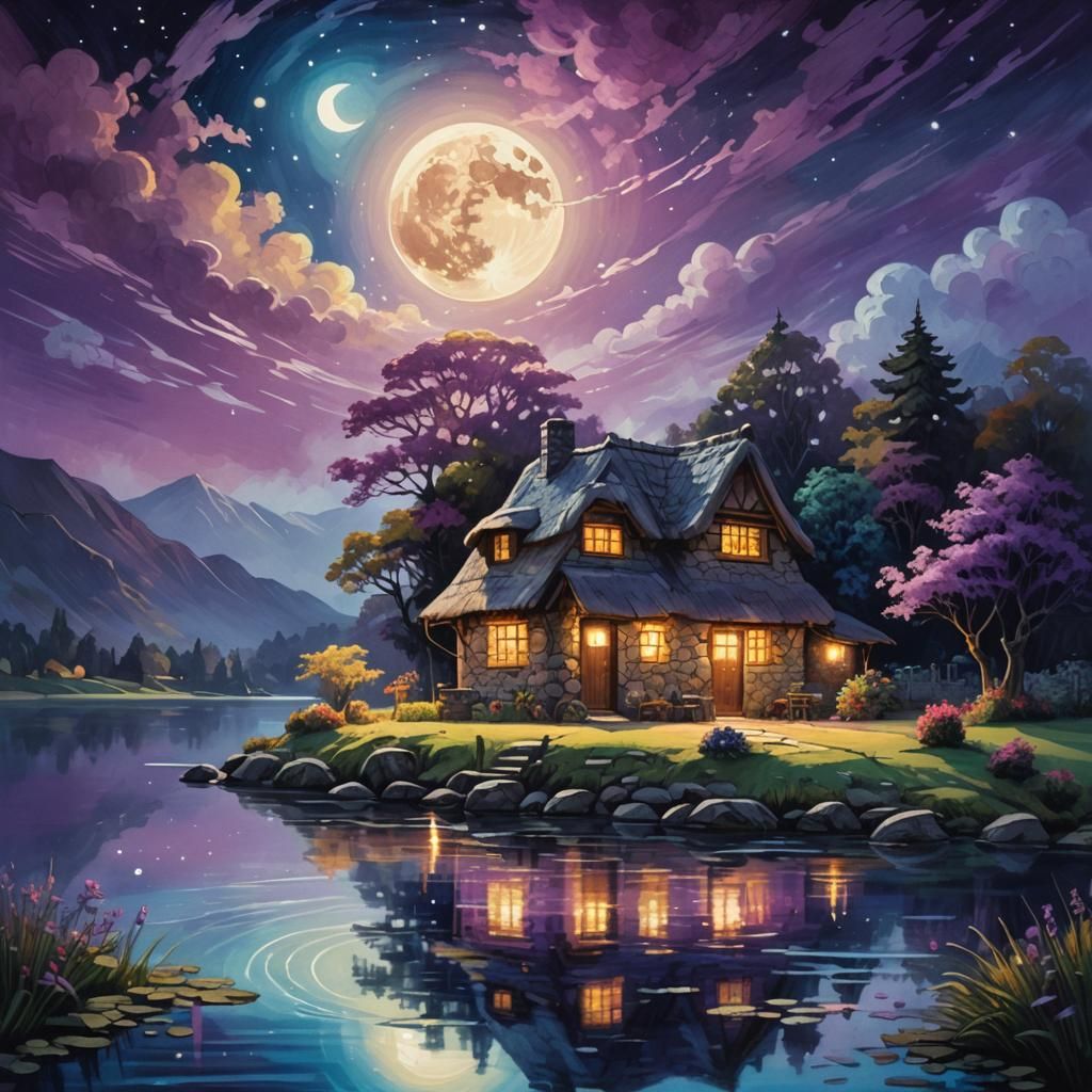 Moonlit Cottage by Lake: Astral Illustration