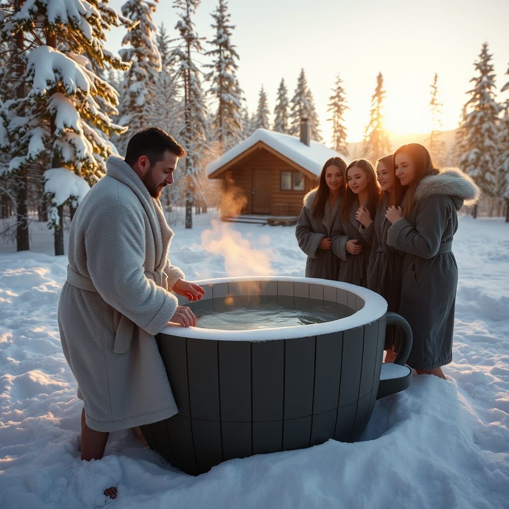 Man in Tea Cup Jacuzzi, Finland Winter Scene