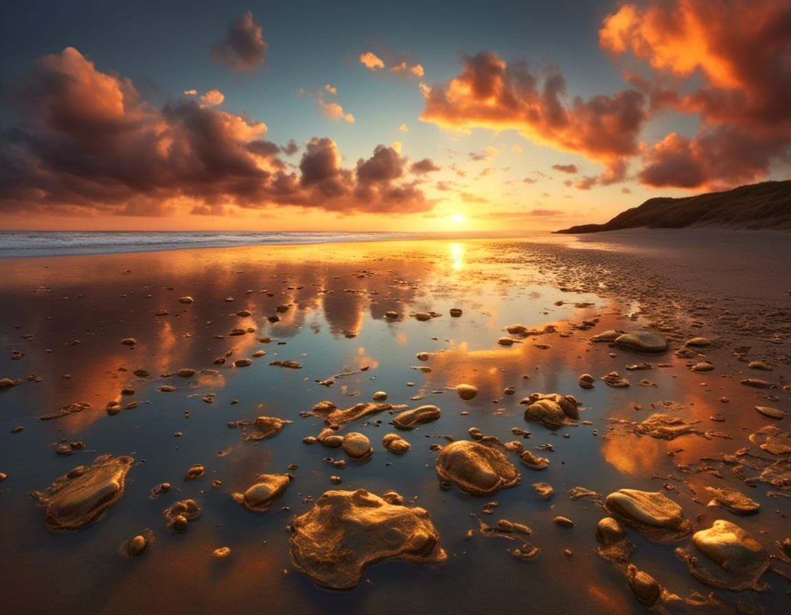 Reflective Sunset on Desolate Coastal Beach