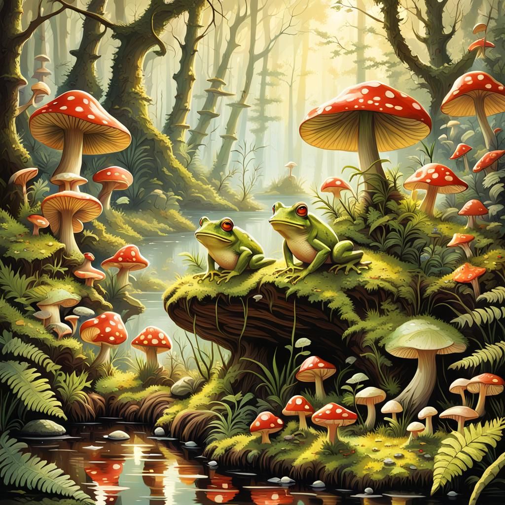 Frogs in Dark Fantasy Cottagecore Rainforest, Gouache Style