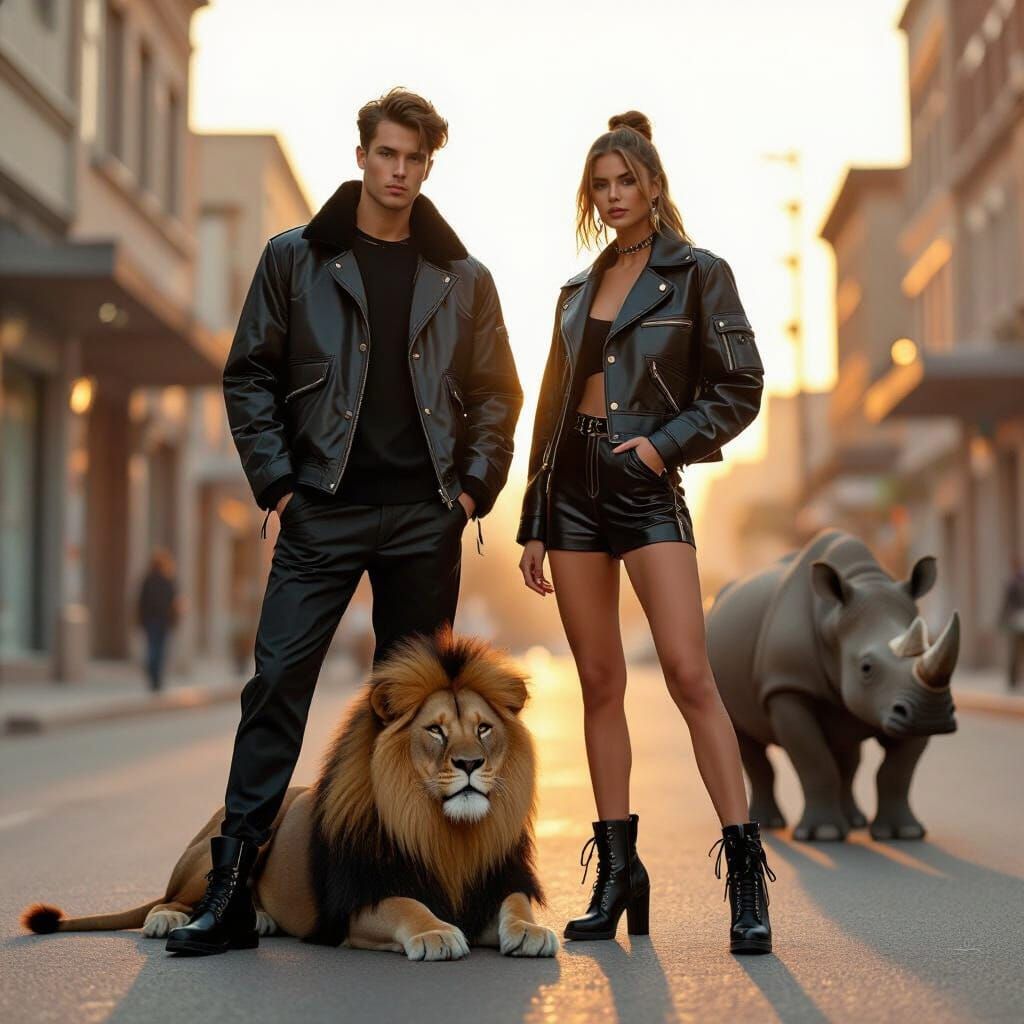Models with Dressed Lion and Rhino, Hyperrealistic Style