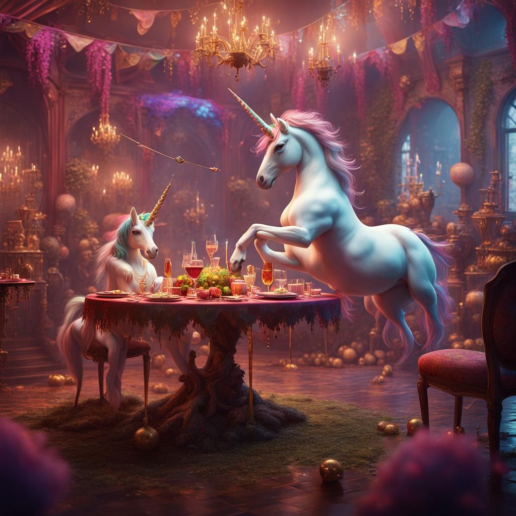 Unicorn and Pepe Party: Detailed Fantasy Art